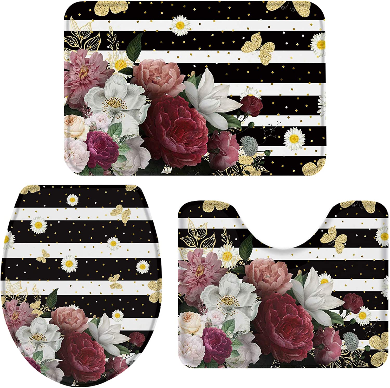 Fashion 3 Piece Bath Rugs Set Black and White Stripe with Pink Flower