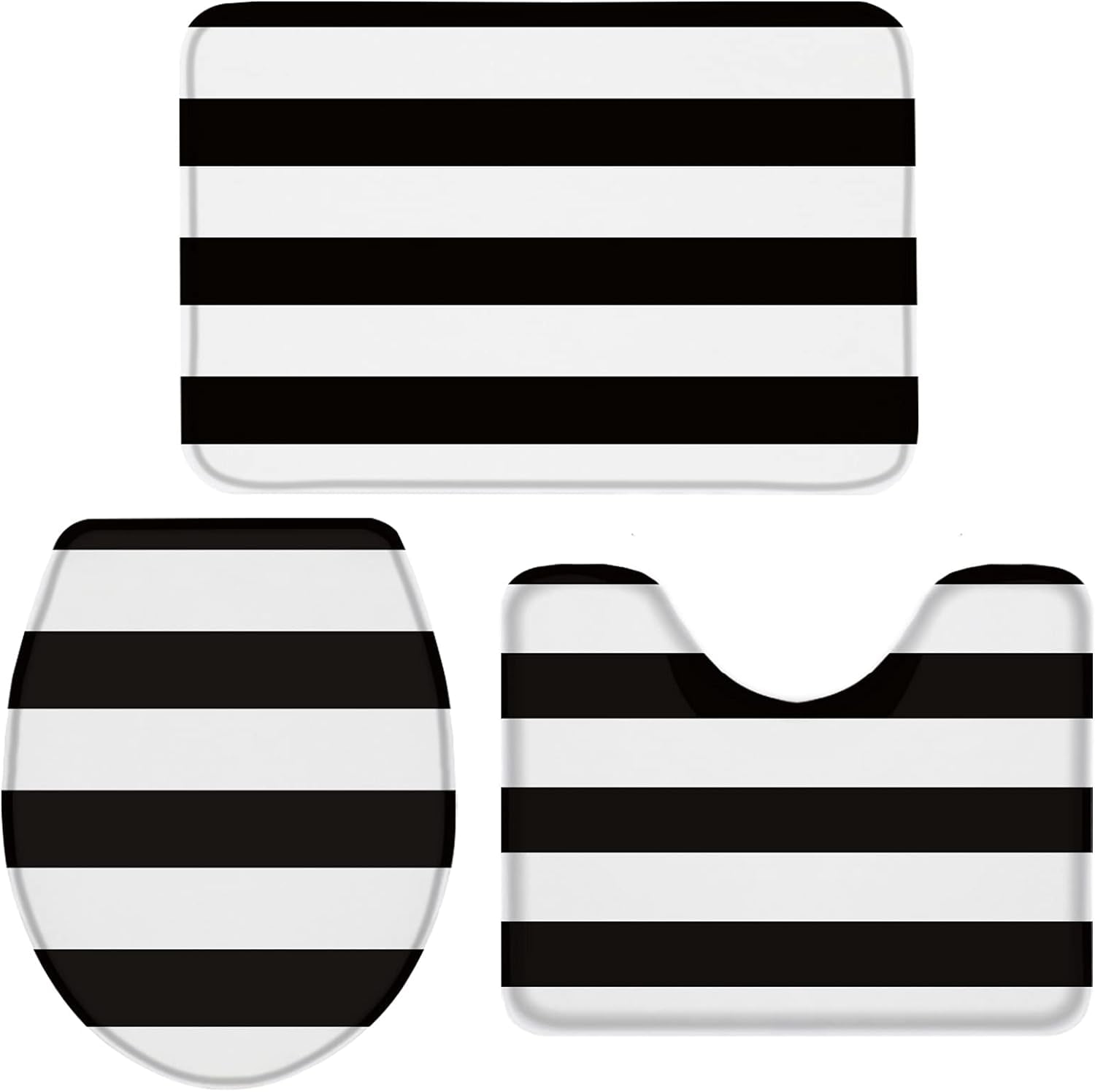 Fashion 3 Piece Bath Rugs Set Black White Wide Stripe Minimalism Series