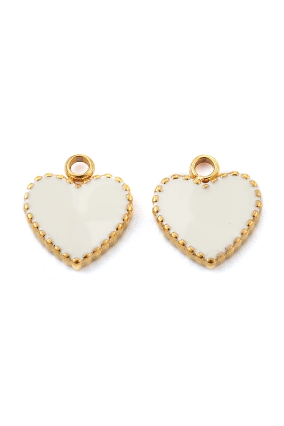 Fashion 304 Stainless Steel Enamel Pendants Flat Heart White Golden 11x10x2mm Hole: 1.8mm