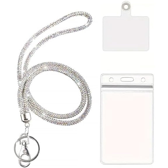 Fashion 34.8" Sparkle AB White Crystal Neck Lanyard,Exclusive Bling ID Badge Holder,Rhinestone Work Name Card Holder Holder For Women,Bonus PVC Card Hoder,Cellphone Safety Tab(1 AB White)