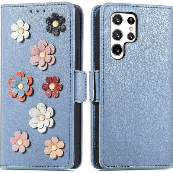 Fashion 3D Flower Leather Flip Phone case with Wallet Card Holder Stand for Samsung Galaxy A10 A11 A21 A30 A50 S A51 A52 A53 A73 4G 5G Cover Glamorous Full wrap-Around Bumper(Blue,A51 5G)