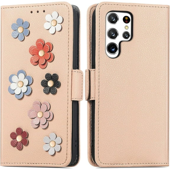 Fashion 3D Flower Leather Flip Phone case with Wallet Card Holder Stand for Samsung Galaxy S22 S21 S20 S10 S9 Ultra Plus FE Cover Glamorous Full wrap-Around Bumper(Gold,S20 FE)