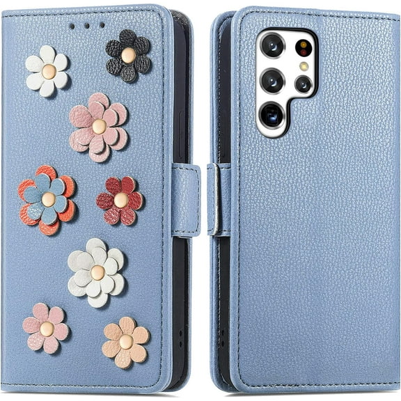 Fashion 3D Flower Leather Flip Phone case with Wallet Card Holder Stand for Samsung Galaxy S22 S21 S20 S10 S9 Ultra Plus FE Cover Glamorous Full wrap-Around Bumper(Blue,S22 Ultra)