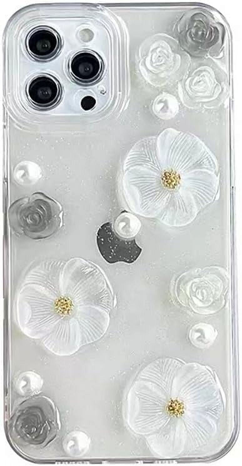 Fashion 3D Flowers Pearls Clear Phone Case Compatible with iPhone Case
