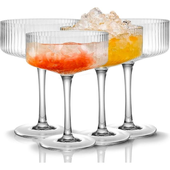 Fashion 4 Pcs Ribbed Coupe Glasses, 10 oz Vintage Cocktail Coupe Glasses Set, Unique Martini Glass, Classic Cocktail Galssware, Bar Drinking Glasses Set Pefect for Cocktail, Wine, Champagne & Gift