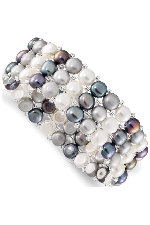 Fashion 6-7mm Button Fwc Pearl And Glass Beaded 3-Row Stretch Bracelet Made In China qh5424