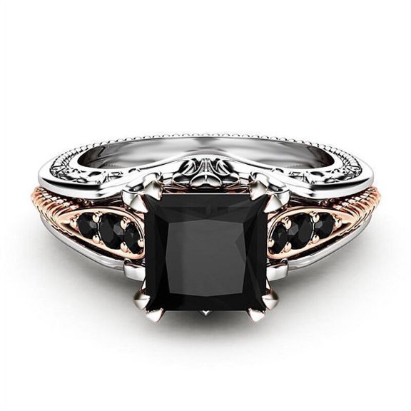 Fashion 925 Silver Inlaid Black Square Diamond Princess Ring