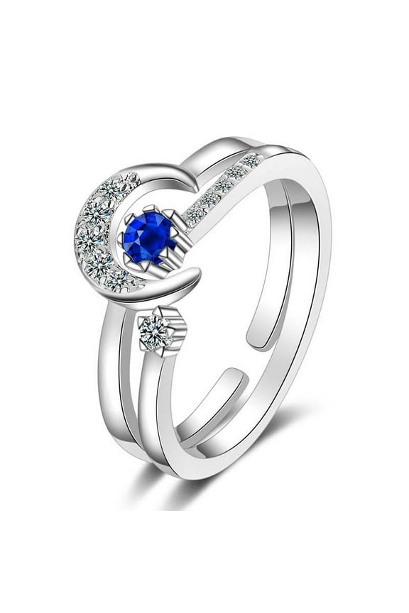 Fashion 925 Silver Star Moon Shaped Blue Gems Zircon Open Rings