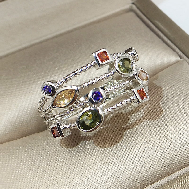Fashion 925 Sterling Silver Hollow Multiple Rows Geometric Colored gems ...