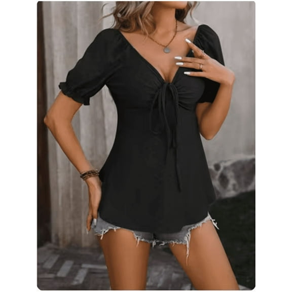 Fashion A Line Women Blouse Sexy V-Neck Drawstring Waist Long Sleeve T-Shirt Lady Elegant Spring Autumn Tops