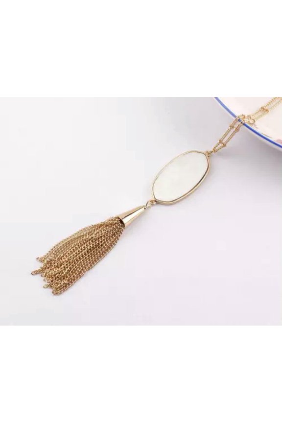 Fashion Abalone Tortoise Shell Gold Metal Tassel Pendant Long Necklace for Women