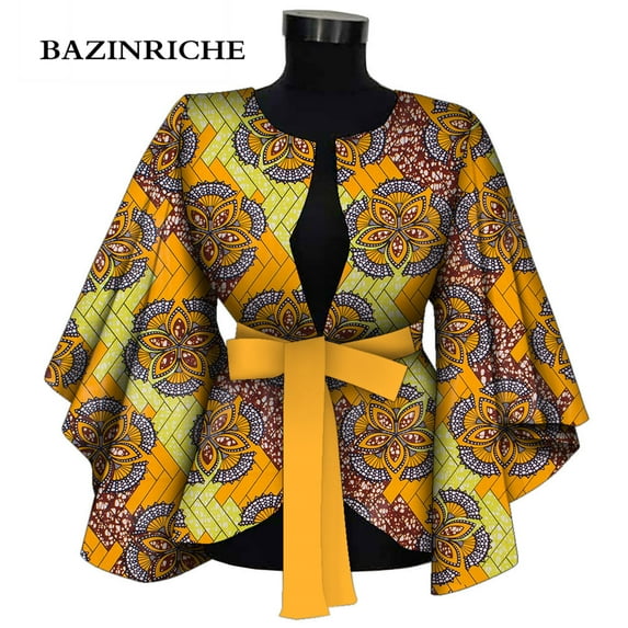 Fashion African Clothes for Women Blouse Elegant v neck with Belt Ankara Printing Shirt Butterfly Long Sleeve Top Lady clothing WY9871