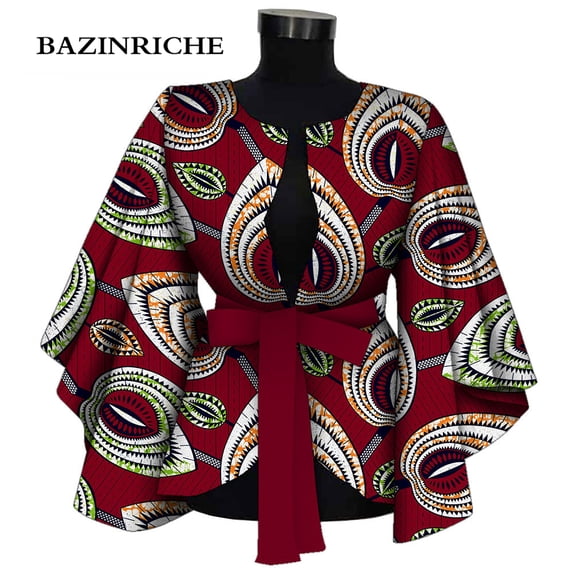 Fashion African Clothes for Women Blouse Elegant v neck with Belt Ankara Printing Shirt Butterfly Long Sleeve Top Lady clothing WY9871
