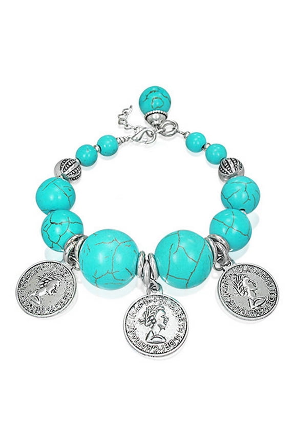 Fashion Alloy Antique Coin Charm Bali Beads Design Turquoise-Tone Womens Bracelet