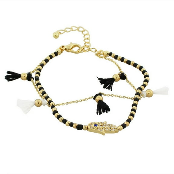 Fashion Alloy Black CZ Hamsa Evil Eye Adjustable Beaded Bracelet