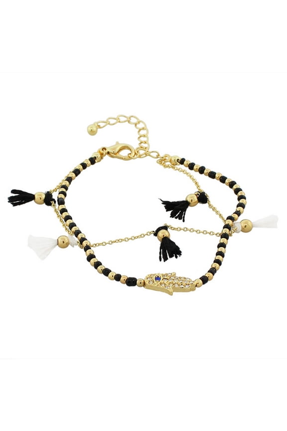 Fashion Alloy Black CZ Hamsa Evil Eye Adjustable Beaded Bracelet