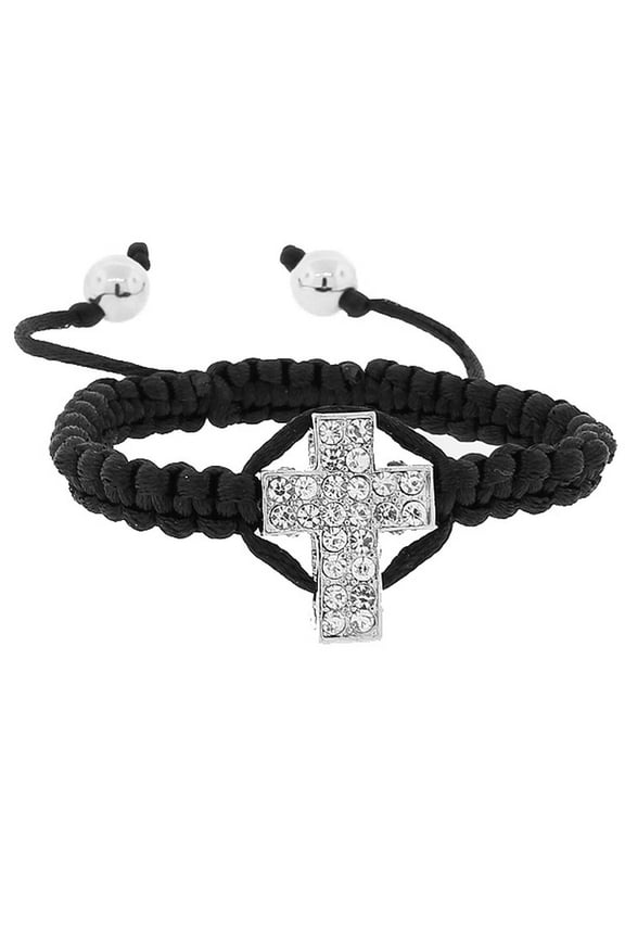 Fashion Alloy Black Cord White CZ Religious Cross Adjustable Macrame Bracelet