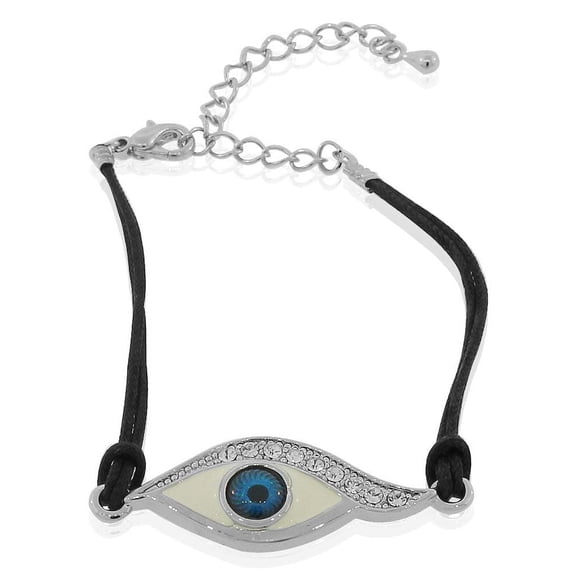 Fashion Alloy Black Cord White Clear CZ Evil Eye Protection Bracelet, 8"
