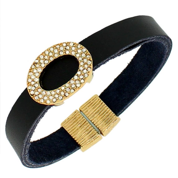 Fashion Alloy Black Leather Yellow Gold-Tone White CZ Wristband Wrap Bracelet
