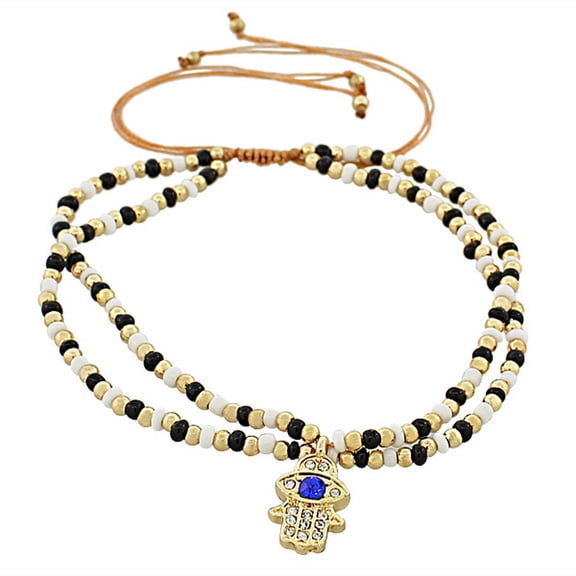 Fashion Alloy Black White Blue CZ Gold-Tone Hamsa Evil Eye Beaded Adjustable Bracelet