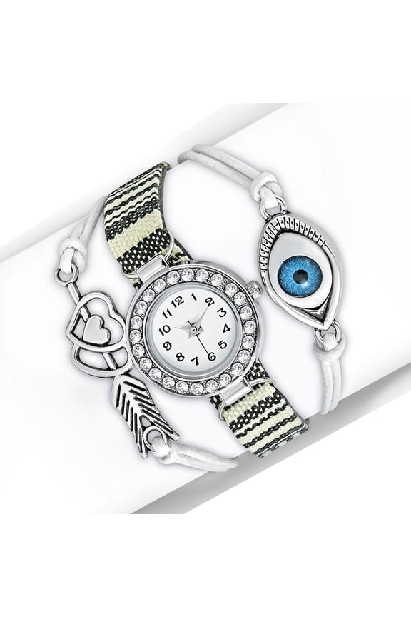 Fashion Alloy Black White Love Heart Evil Eye Wrist Watch, 8.5"