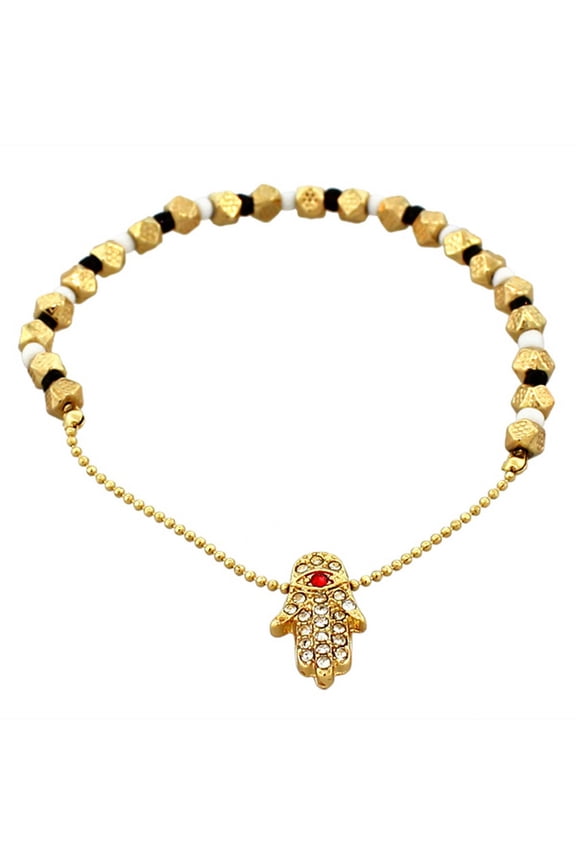 Fashion Alloy Black White Red CZ Gold-Tone Hamsa Evil Eye Beaded Stretch Bracelet