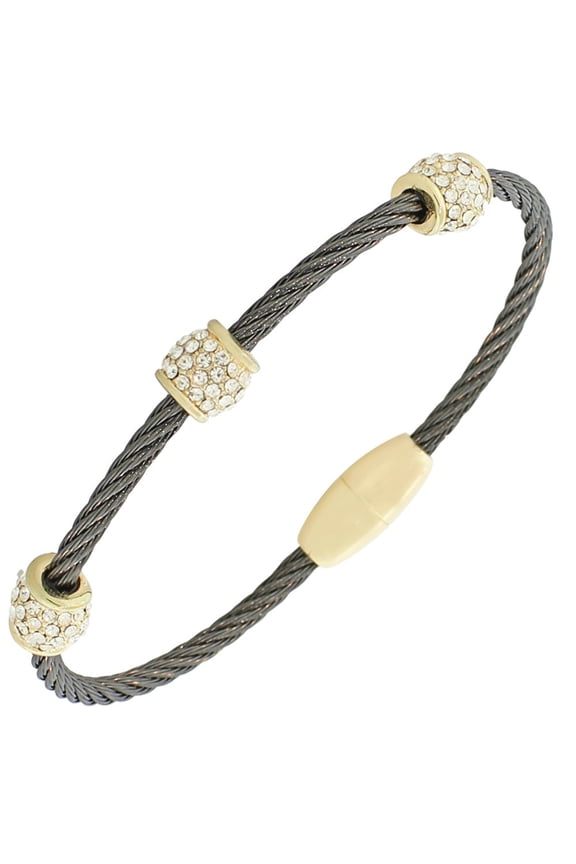 Fashion Alloy Black Yellow Gold-Tone White CZ Twisted Cable Bangle Bracelet