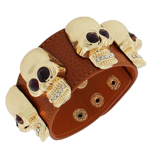 Fashion Alloy Brown Faux PU Leather Rose Gold-Tone Skull CZ Wristband Bracelet