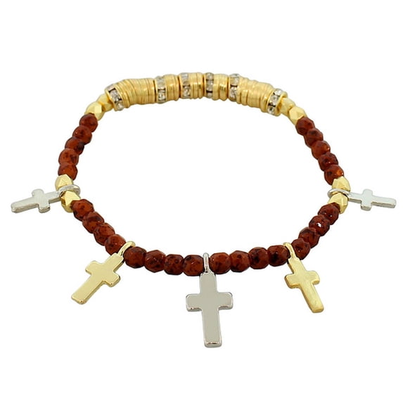 Fashion Alloy Brown Two-Tone Latin Cross Religious Stretch Beaded Bracelet