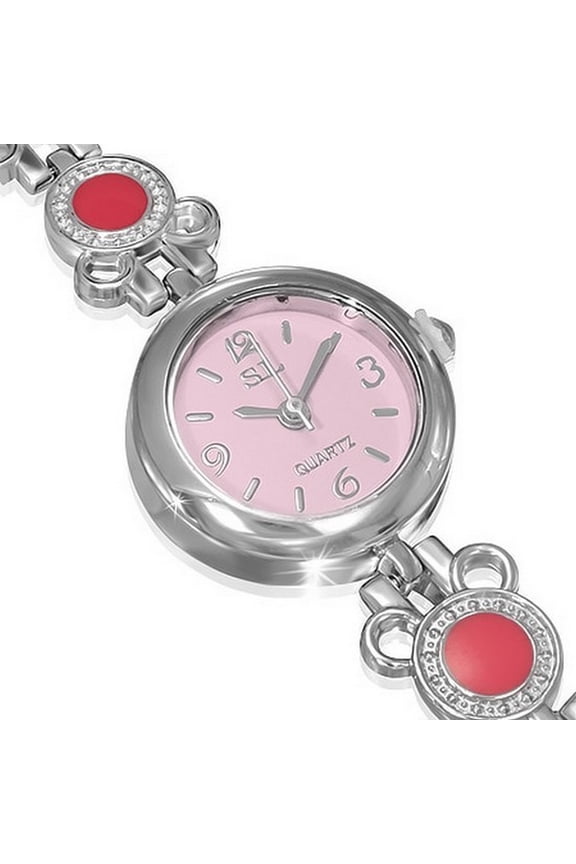 Fashion Alloy Circle White Pink Dial Round Face CZ Womens Bracelet Watch