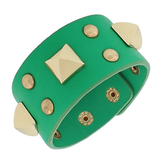 Fashion Alloy Green Faux PU Leather Rose Gold-Tone Spikes Wide Wristband Wrap Bracelet
