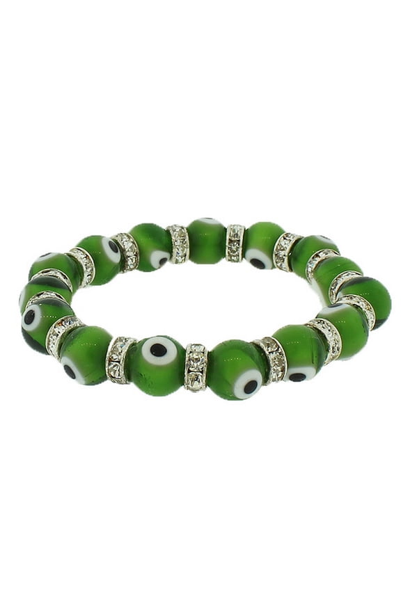 Fashion Alloy Green White CZ Beaded Stretch Cord Bangle Evil Eye Bracelet