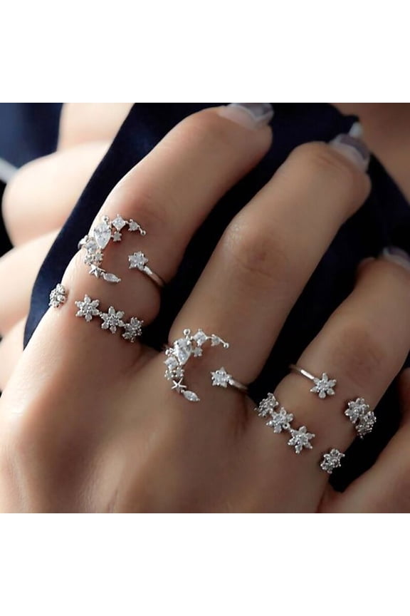 Fashion Alloy Moon Star Crystal Rings Set for Women, Unique Design Electroplated Ring, 5-Piece Set, Perfect Accessory for Various Occasions
