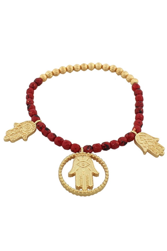 Fashion Alloy Red Gold-Tone Hamsa Evil Eye Stretch Beaded Bracelet