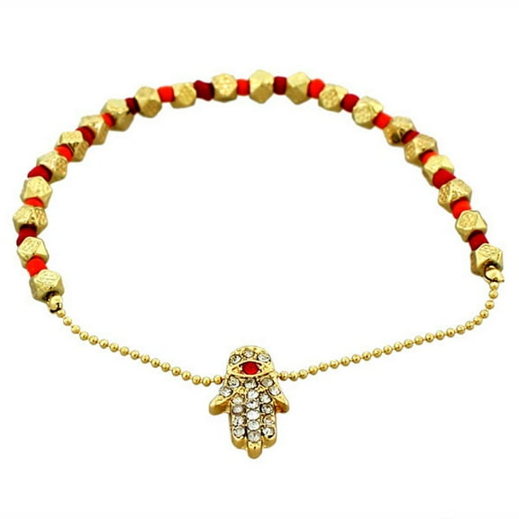 Fashion Alloy Red Orange Multicolor CZ Gold-Tone Hamsa Evil Eye Beaded Stretch Bracelet