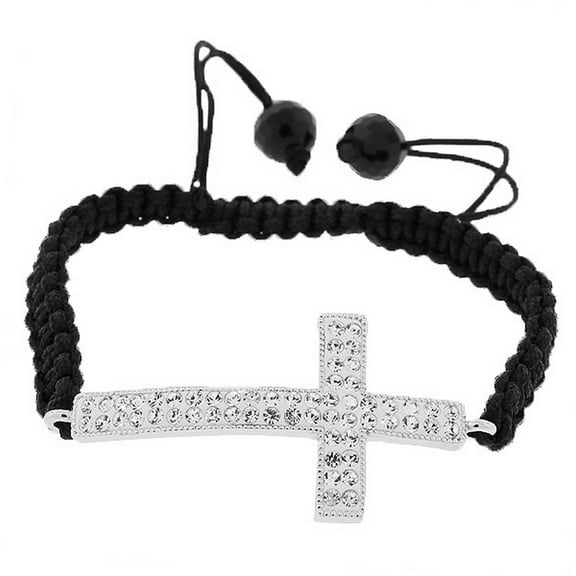 Fashion Alloy Silver-Tone Cross White CZ Black Cord Macrame Beaded Adjustable Bracelet