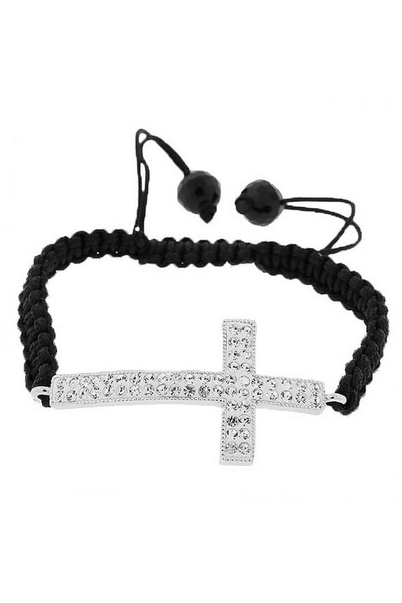 Fashion Alloy Silver-Tone Cross White CZ Black Cord Macrame Beaded Adjustable Bracelet