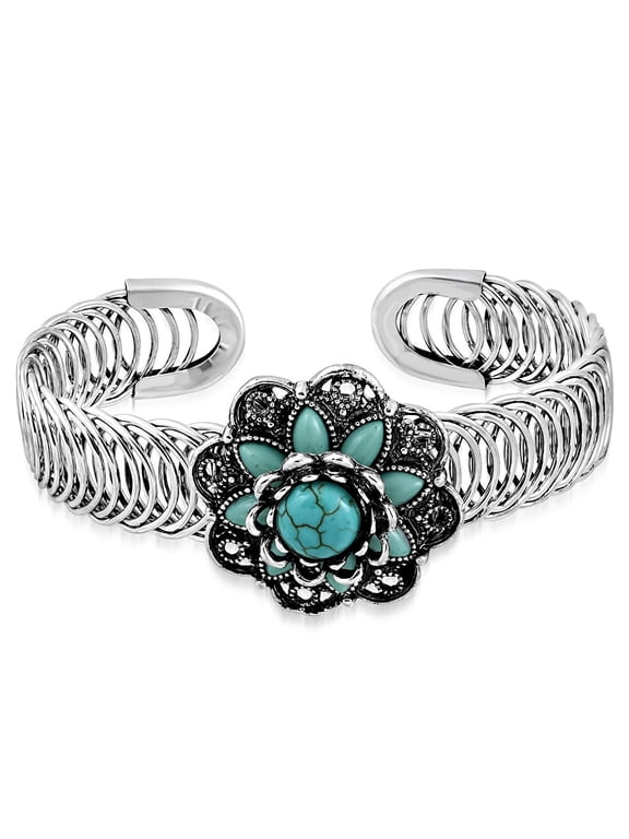 Fashion Alloy Silver-Tone Simulated Turquoise Flower Adjustable Cuff Bracelet
