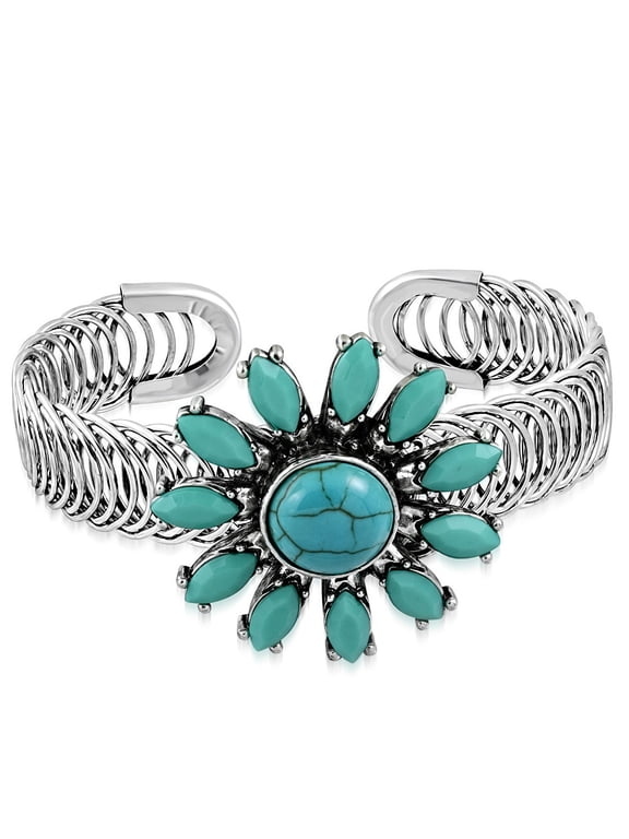 Fashion Alloy Silver-Tone Simulated Turquoise Flower Adjustable Cuff Bracelet