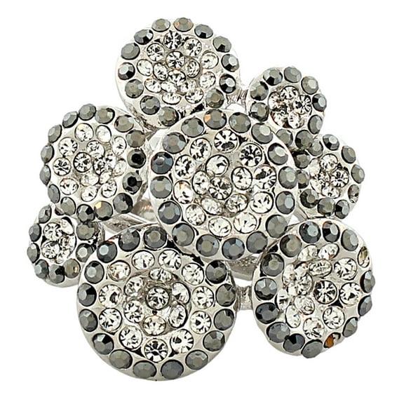 Fashion Alloy Silver-Tone White Clear Black CZ Flower Floral Statement Cocktail Ring