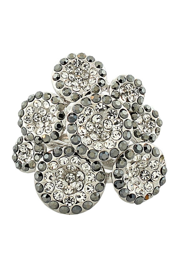 Fashion Alloy Silver-Tone White Clear Black CZ Flower Floral Statement Cocktail Ring