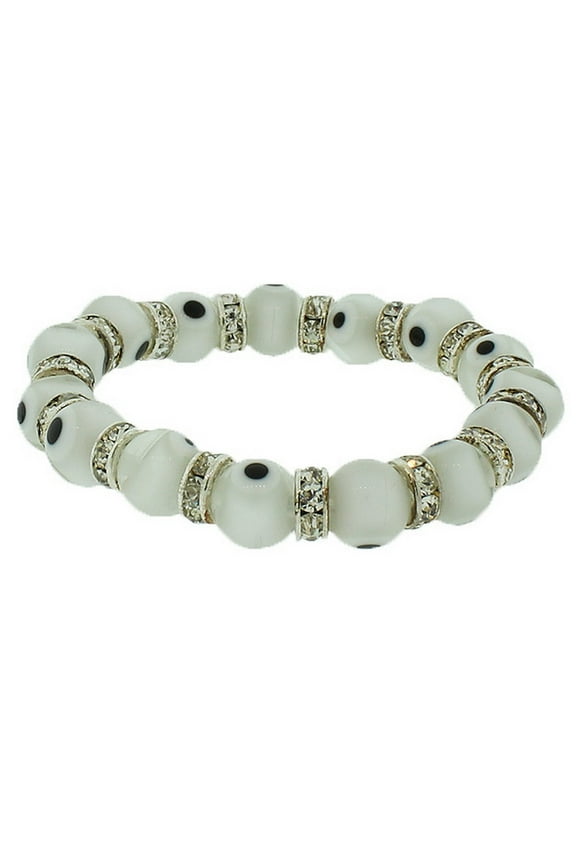 Fashion Alloy White CZ Beaded Stretch Cord Evil Eye Bracelet