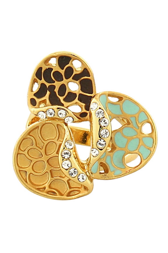 Fashion Alloy Yellow Gold-Tone Brown Turquoise CZ Flower Floral Statement Cocktail Ring