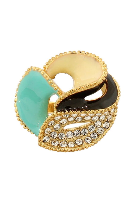 Fashion Alloy Yellow Gold-Tone Brown Turquoise-Tone CZ Flower Floral Cocktail Ring