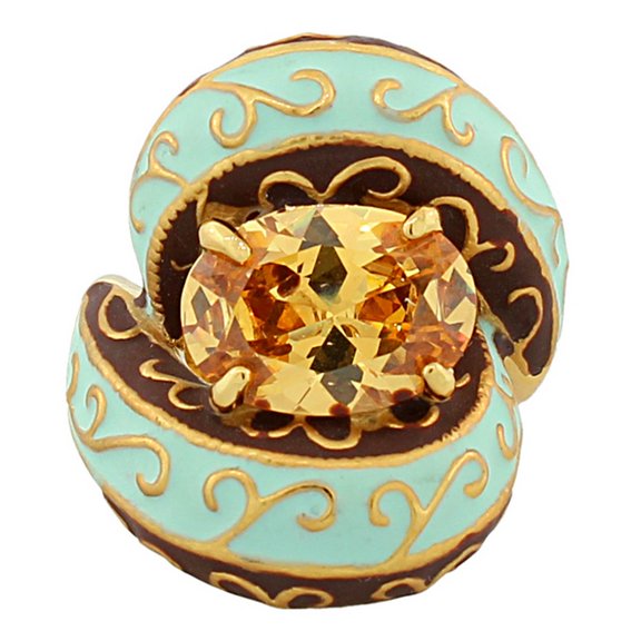 Fashion Alloy Yellow Gold-Tone Brown Turquoise-Tone Oval CZ Statement Cocktail Ring