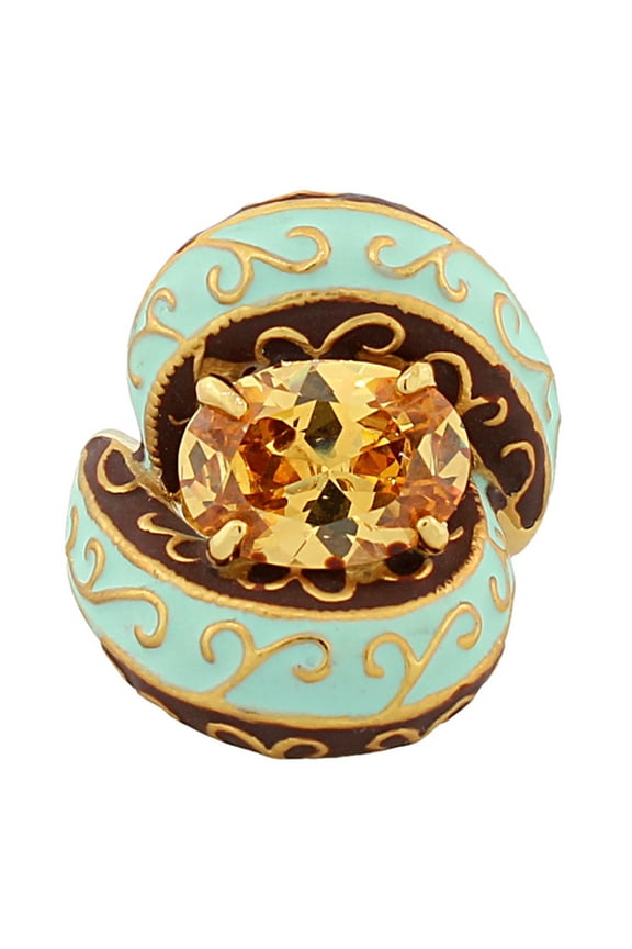 Fashion Alloy Yellow Gold-Tone Brown Turquoise-Tone Oval CZ Statement Cocktail Ring