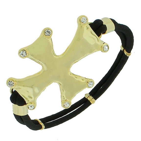 Fashion Alloy Yellow Gold-Tone Celtic Cross Charm White CZ Black Stretch Bracelet