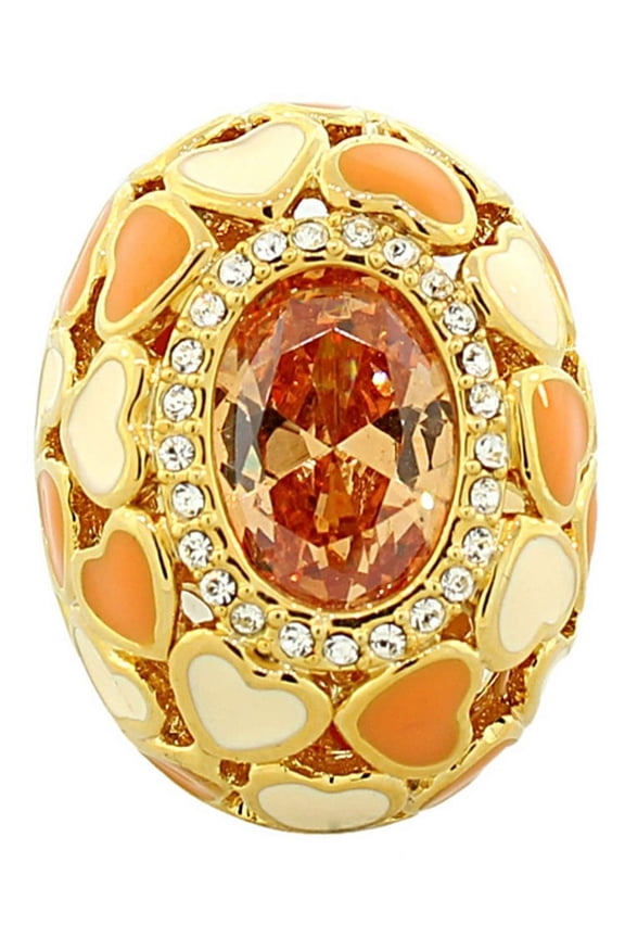 Fashion Alloy Love Heart Orange White Clear CZ Cocktail Ring Size 6