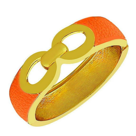 Fashion Alloy Yellow Gold-Tone Orange Faux PU Leather Bangle Bracelet