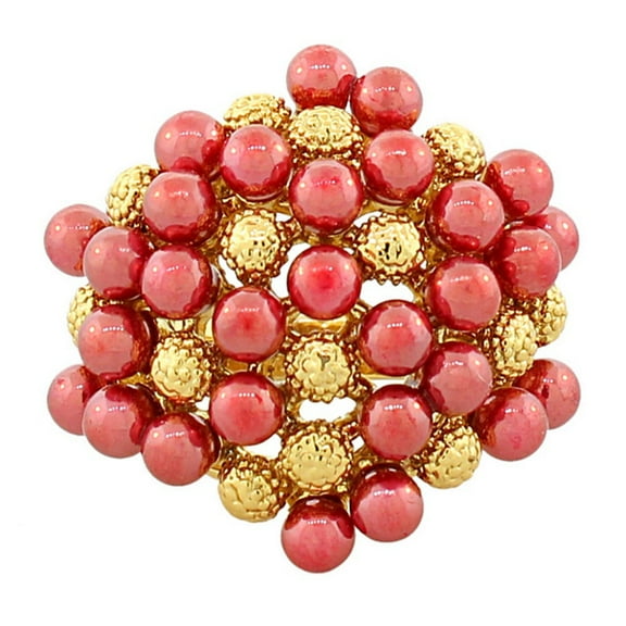 Fashion Alloy Yellow Gold-Tone Pink Red Beads Statement Cocktail Ring